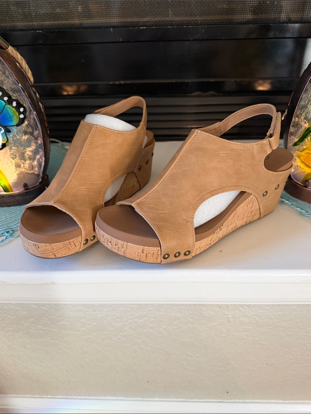 Corkys Tan Open-Toe Cork Wedge Sandals with Slingback